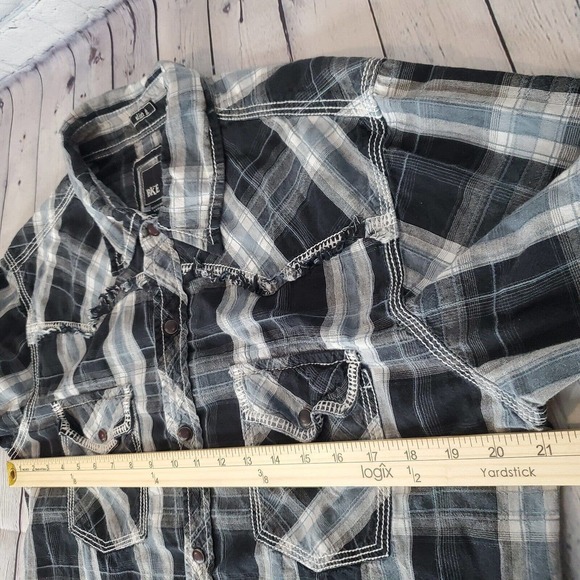 BKE Slim Fit Large Snap Button Gray Plaid Long Sleeve Shirt Double Pockets - Picture 8 of 10